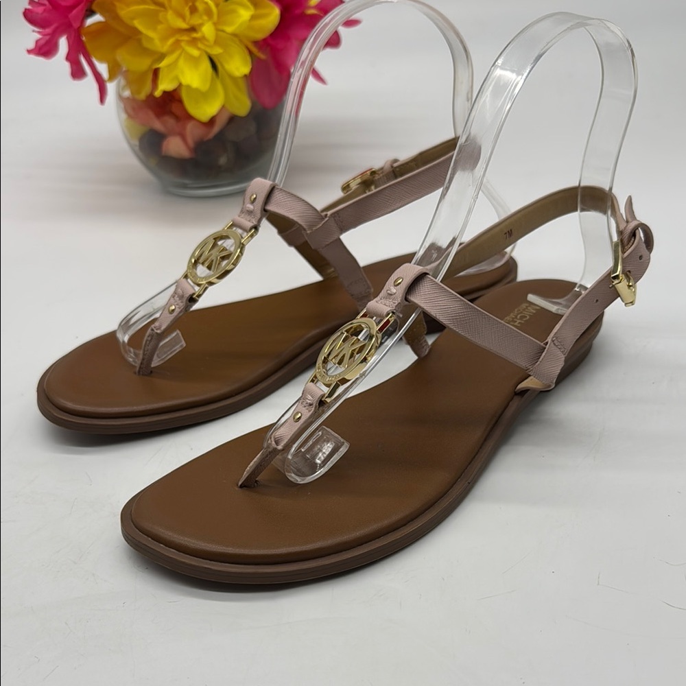 Michael Kors Powder Blush (pale pink) Leather T-Strap Sandals with Gold Logo
